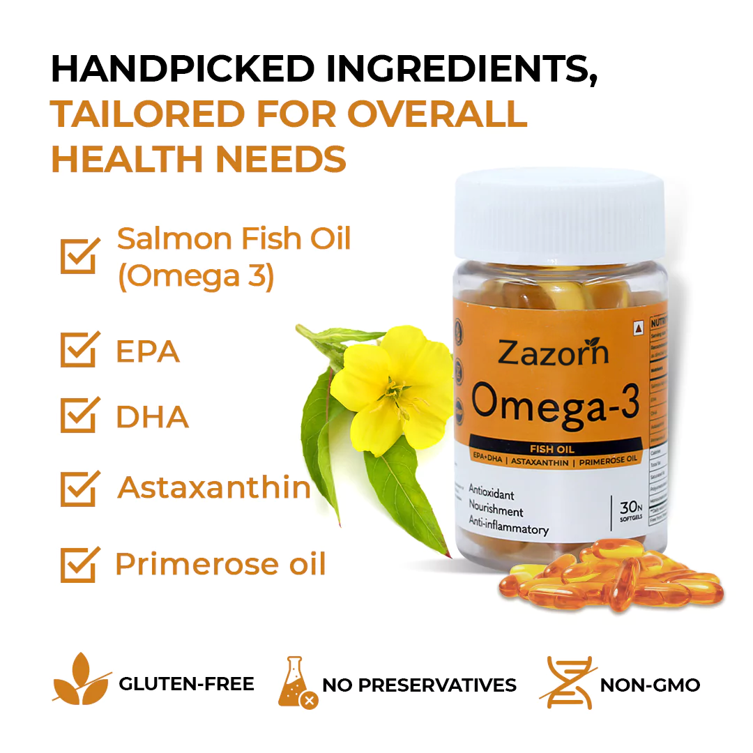 ZAZORN® Omega-3 Capsules | Salmon Fish Oil 1000mg - Advanced Formula with Astaxanthin and Primrose oil